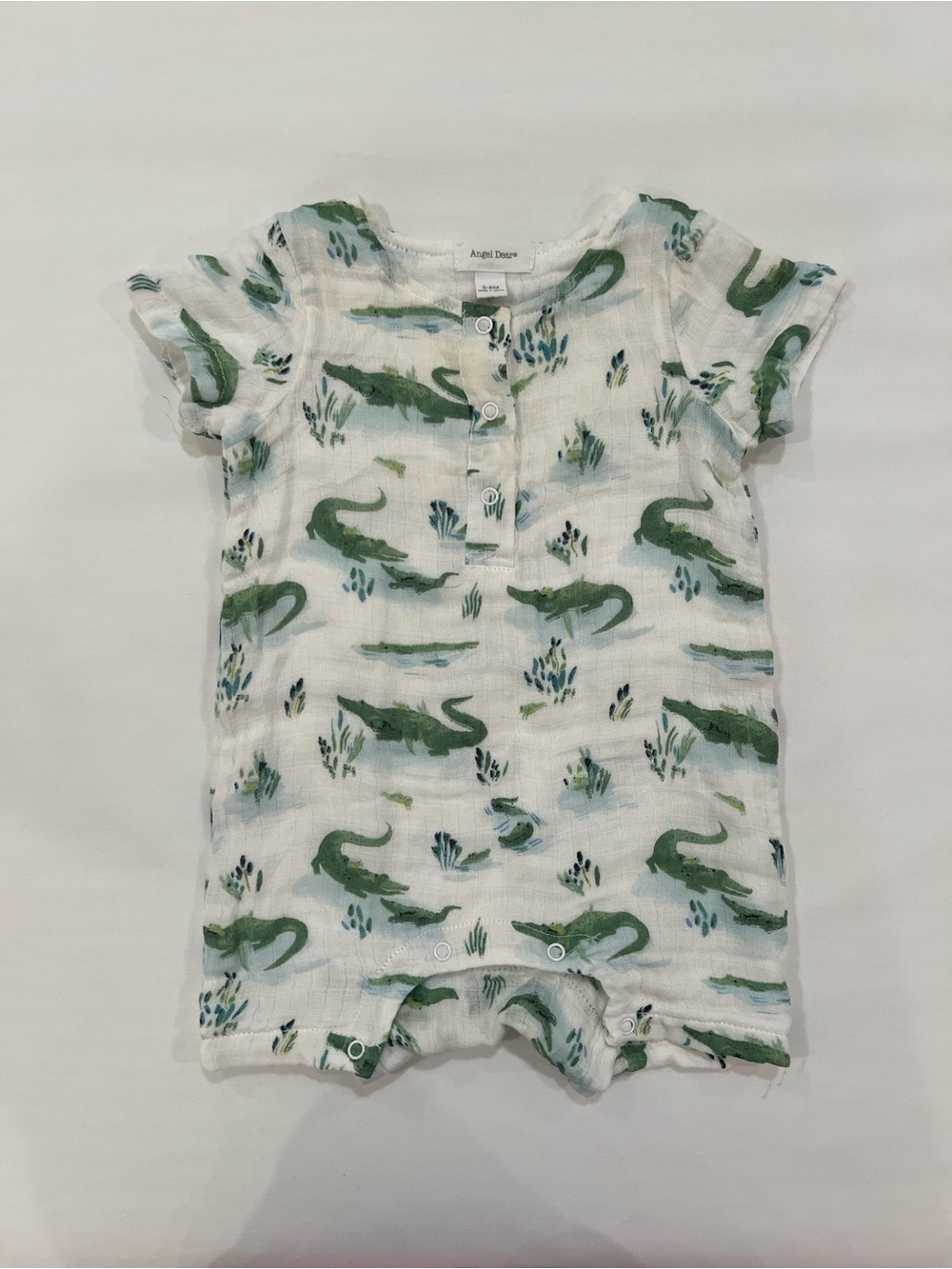Angel Dear Green Alligator Print White Baby Romper